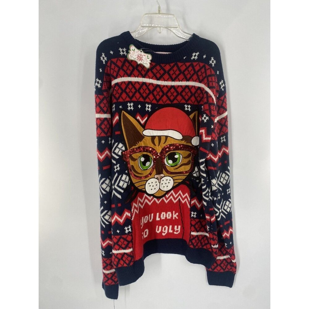 Ugly Christmas Sweater  XL Cat Reaching For Holiday tree  Bulbs Sweater Unisex